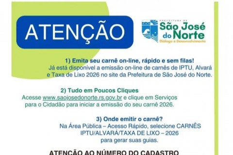 PREFEITURA DE SÃO JOSÉ DO NORTE DISPINIBILIZA EMISSÃO ON-LINE DE CARNÊS 2026